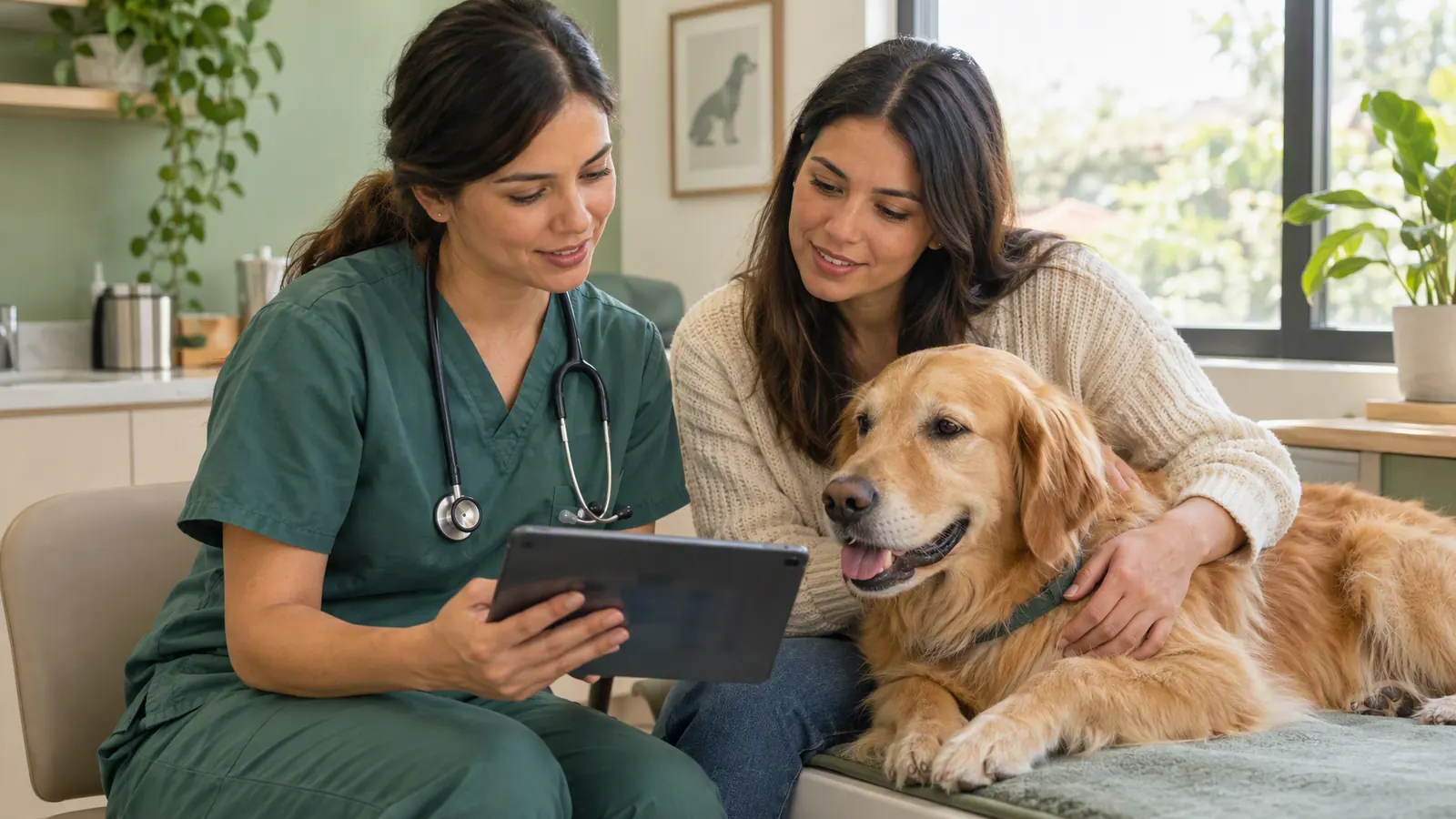 Una veterinaria y la tutora de un perro revisan información clínica en una tableta.