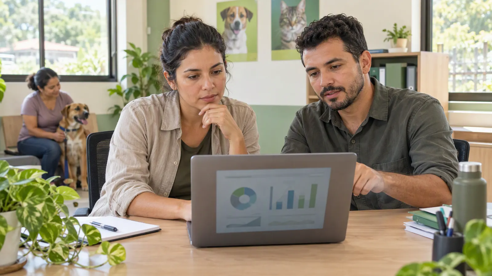 Dos personas revisan un resumen interno de atención animal en una computadora portátil.
