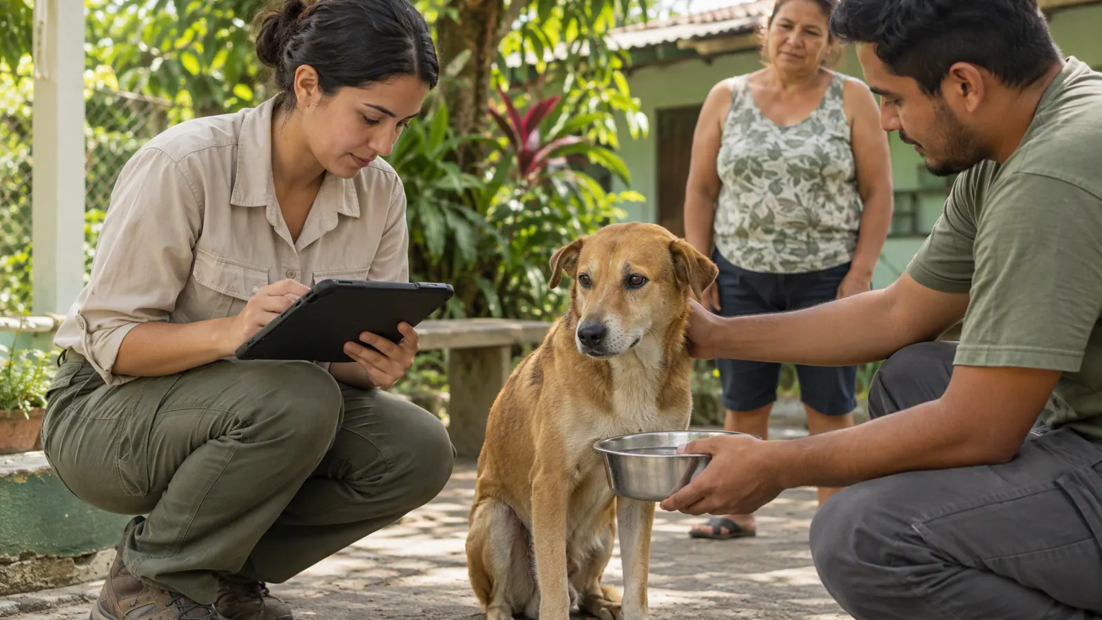 Personal de campo registra la atención humanitaria de un perro en un patio comunitario.