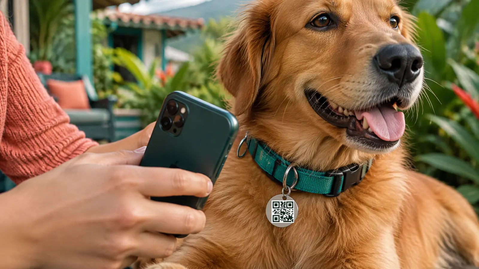 Dogtag con un código QR demostrativo en el collar de un perro
