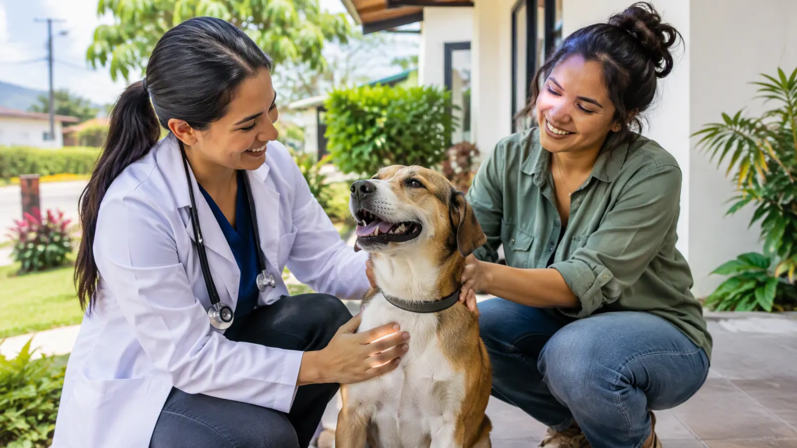 Una veterinaria y una tutora acompañan a su perro en un entorno vecinal