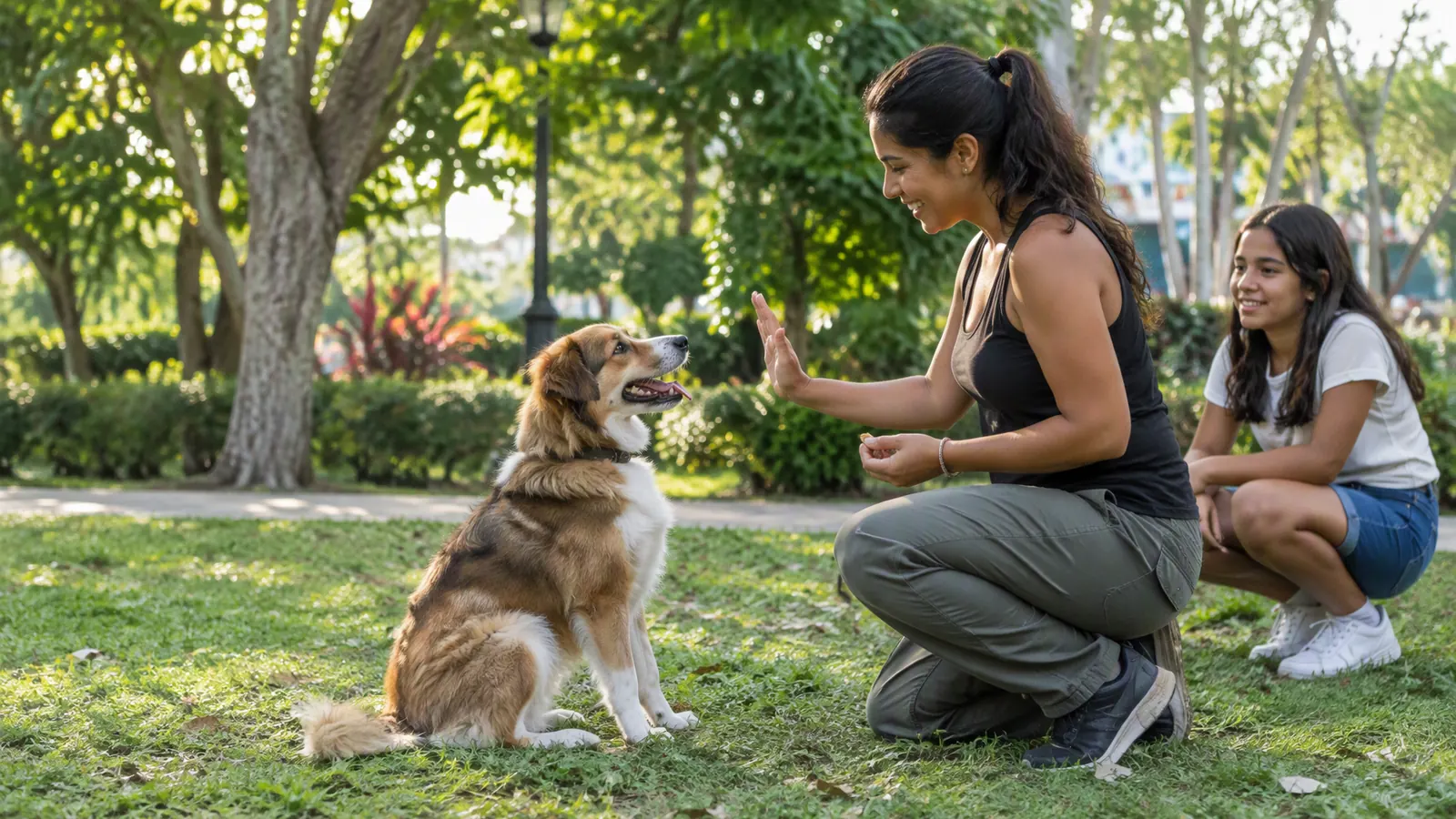 Entrenadora practica una señal positiva con un perro en un parque.