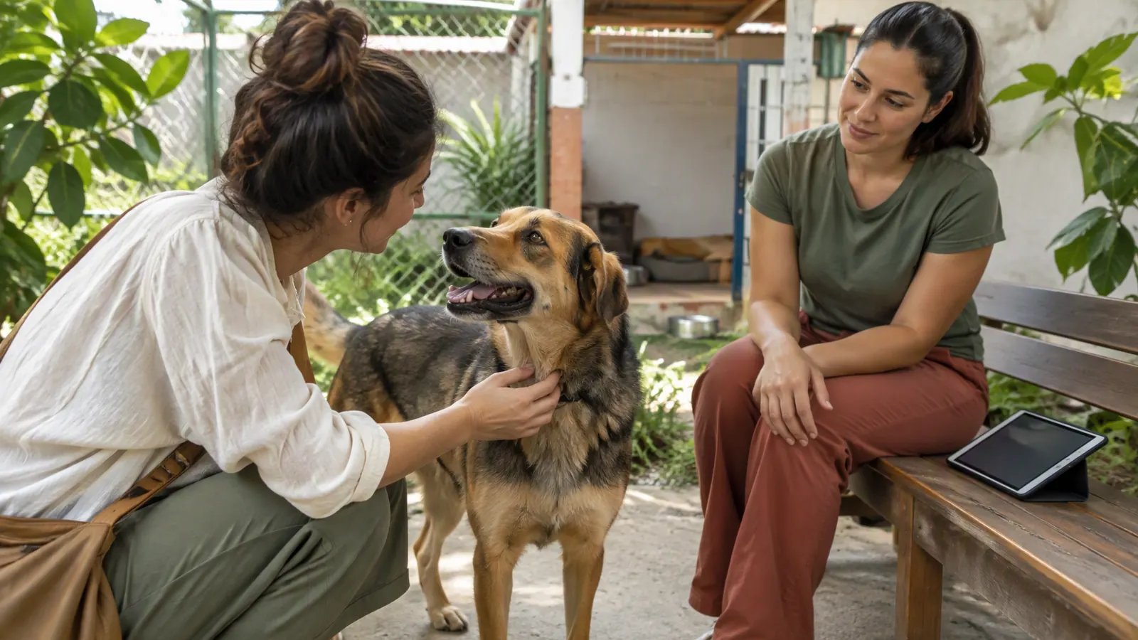 Una persona conoce a un perro rescatado junto a una voluntaria del refugio.