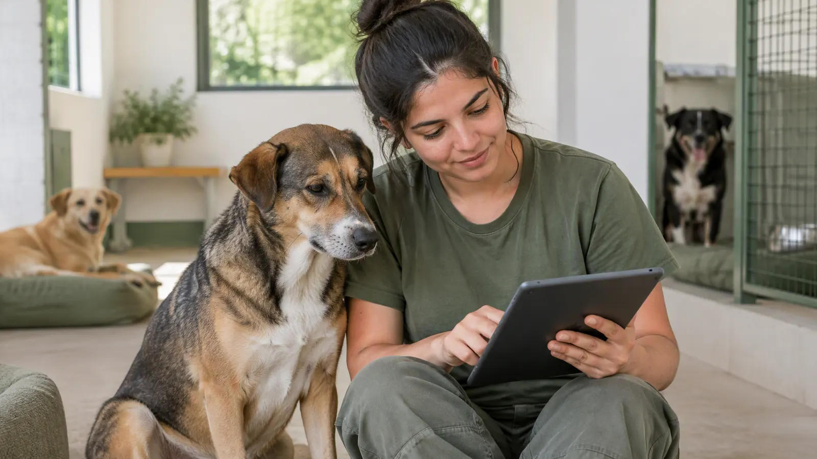 Una voluntaria revisa en una tableta el perfil de un perro rescatado.
